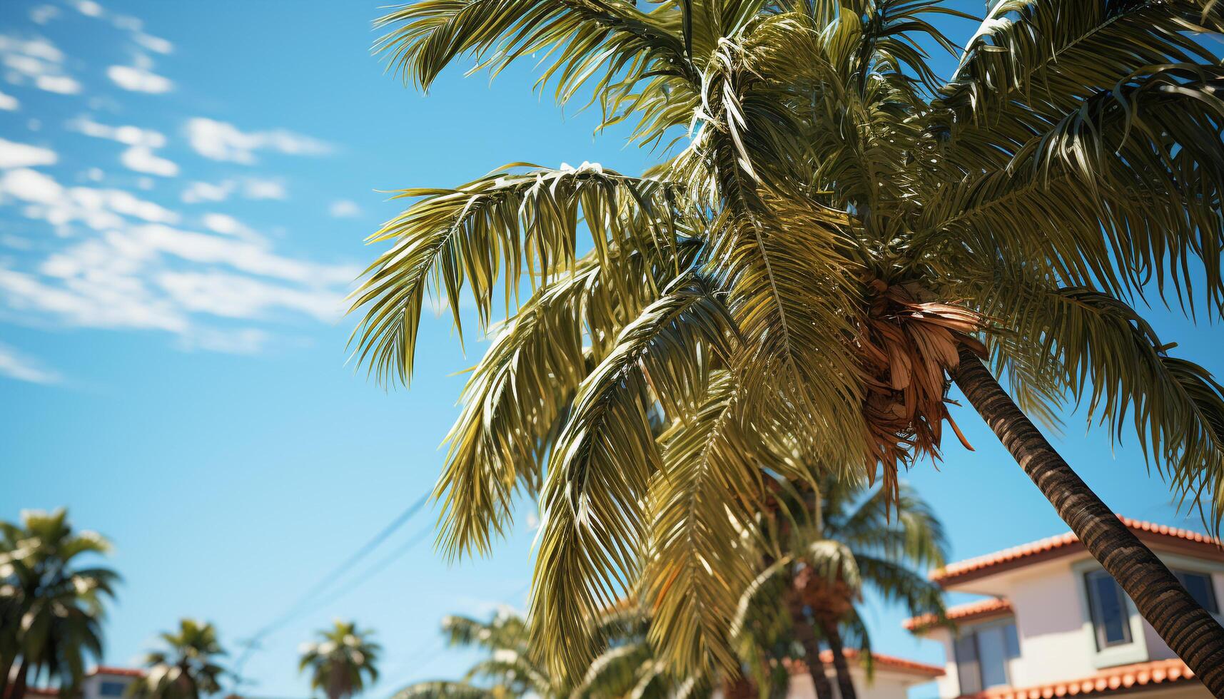 Tropical palm tree, blue sky, sandy beach, exotic vacation paradise generated by AI photo