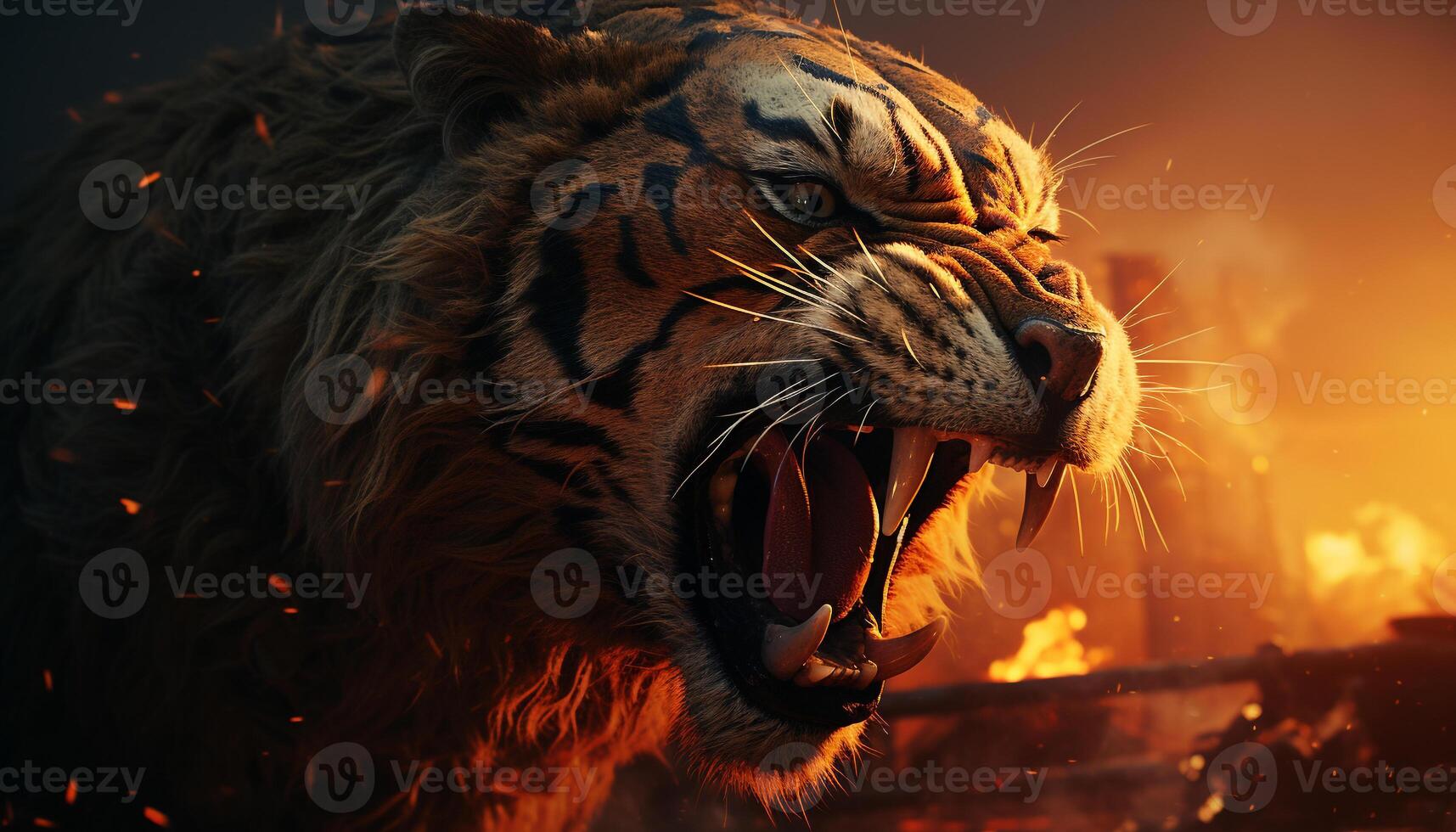 Majestic Bengal tiger roaring, fierce and beautiful in the wild generated by AI photo