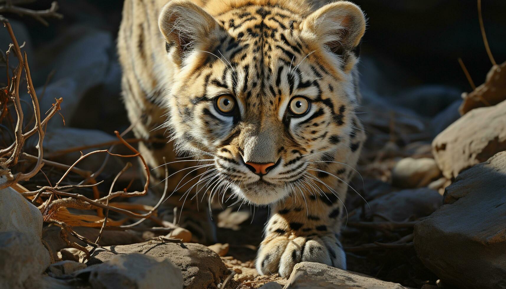 Majestic Bengal tiger, wildcat hunter, staring in tranquil wilderness generated by AI photo