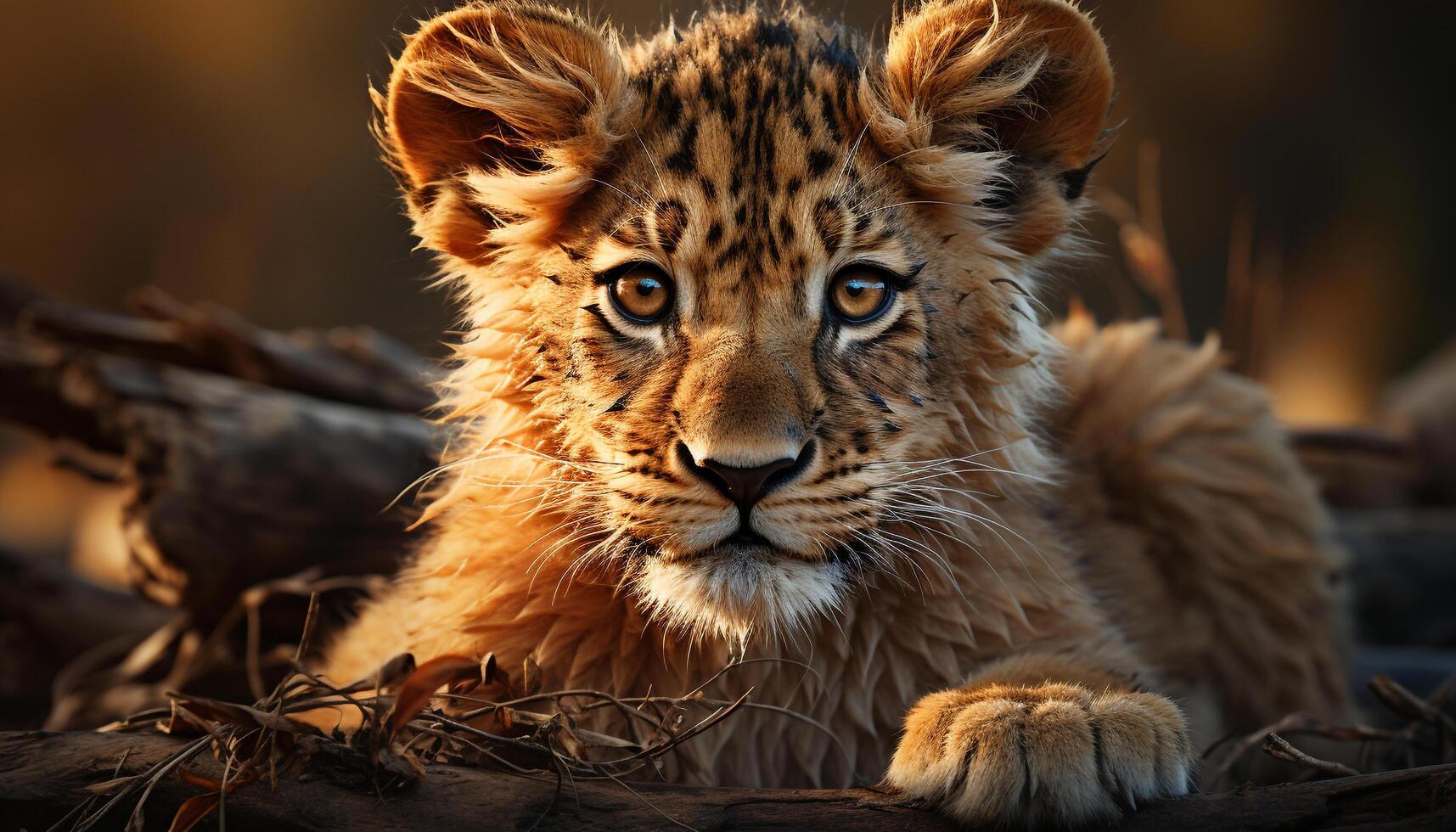 Majestic lion hiding in grass, staring at camera, tranquil scene generated by AI photo