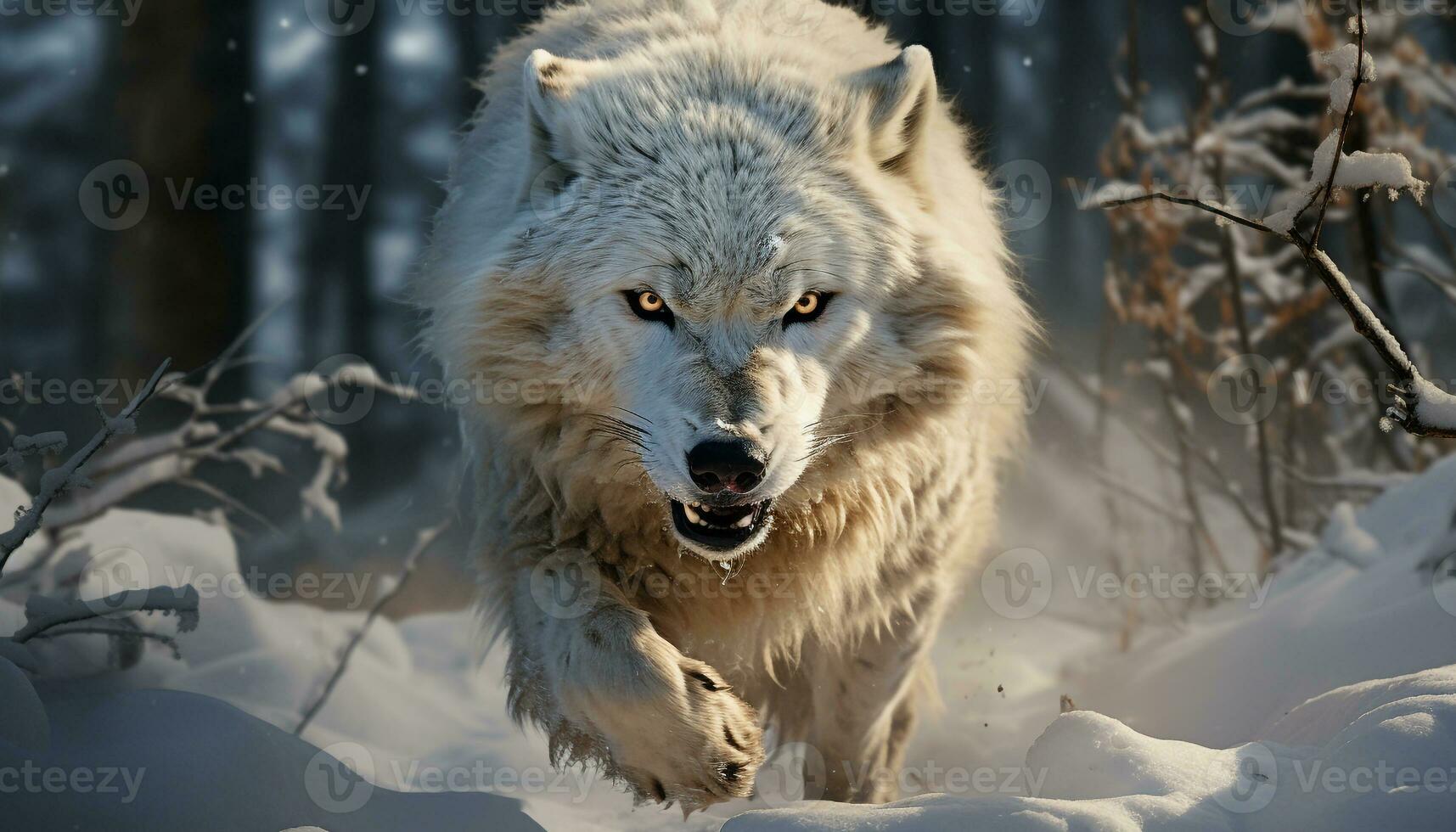 A cute arctic wolf running in the snow covered forest generated by AI photo