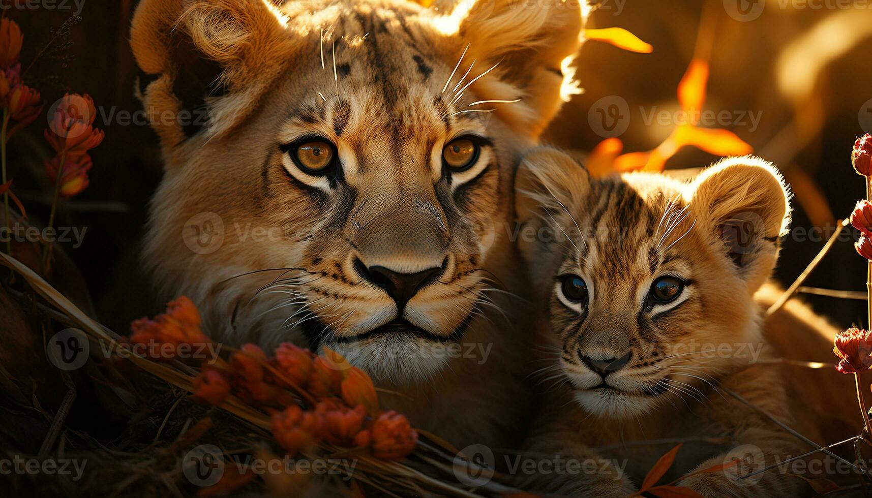 Cute lion cub hiding in the grass, looking at camera generated by AI photo