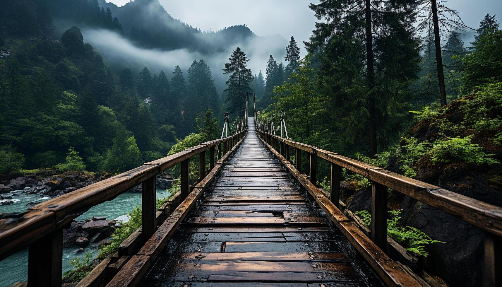 A tranquil journey through the green forest, hiking to water generated by AI photo