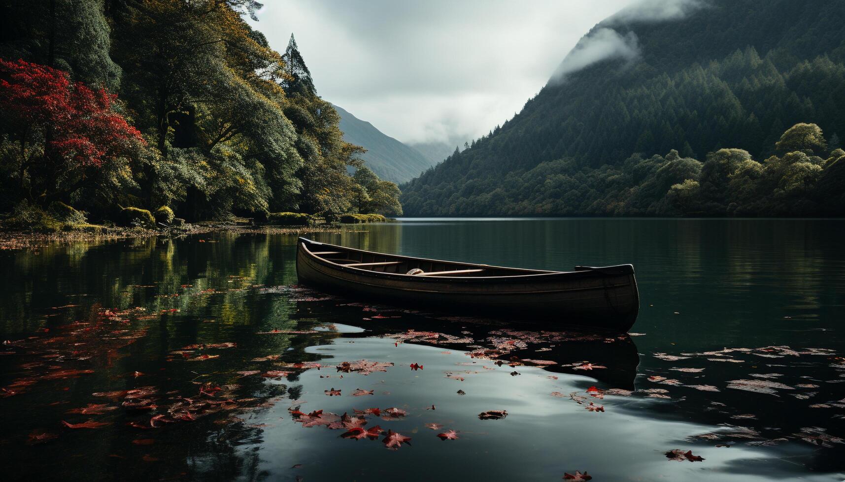 Tranquil scene Reflection of autumn forest on mountain pond generated by AI photo