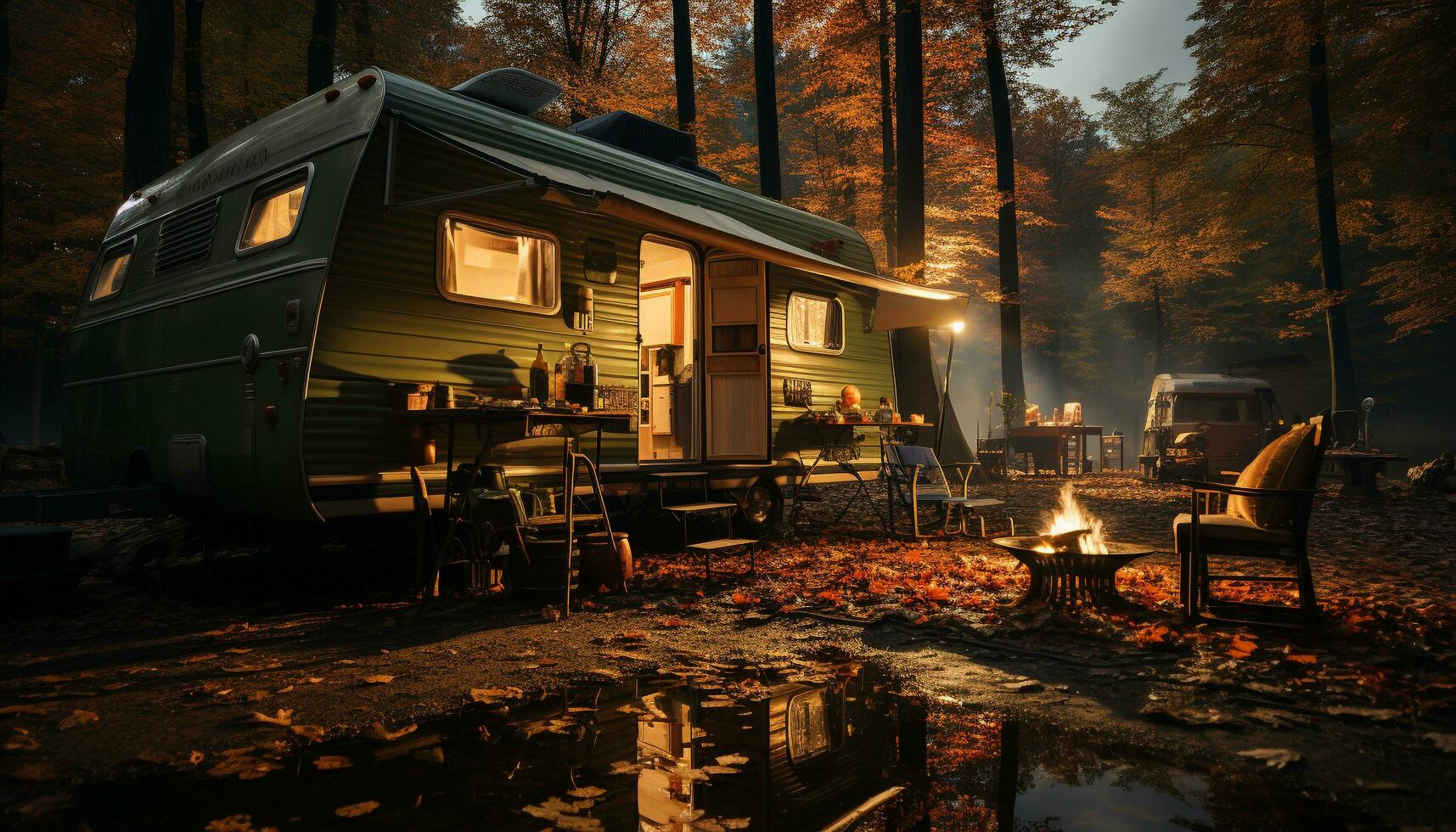 Camping in autumn, nature beauty, a tranquil scene by the fire generated by AI photo