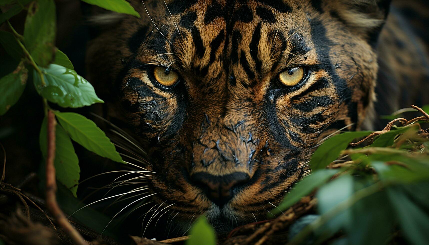 Majestic tiger hiding in tropical rainforest, staring with captivating eyes generated by AI photo