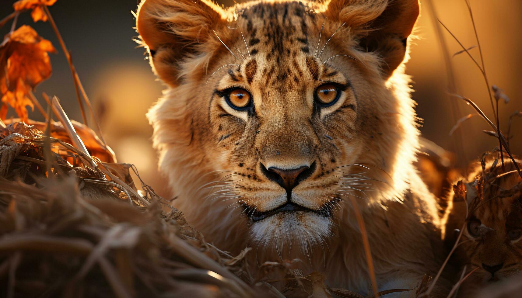 Majestic lion staring, striped tiger hiding in tranquil African plain generated by AI photo