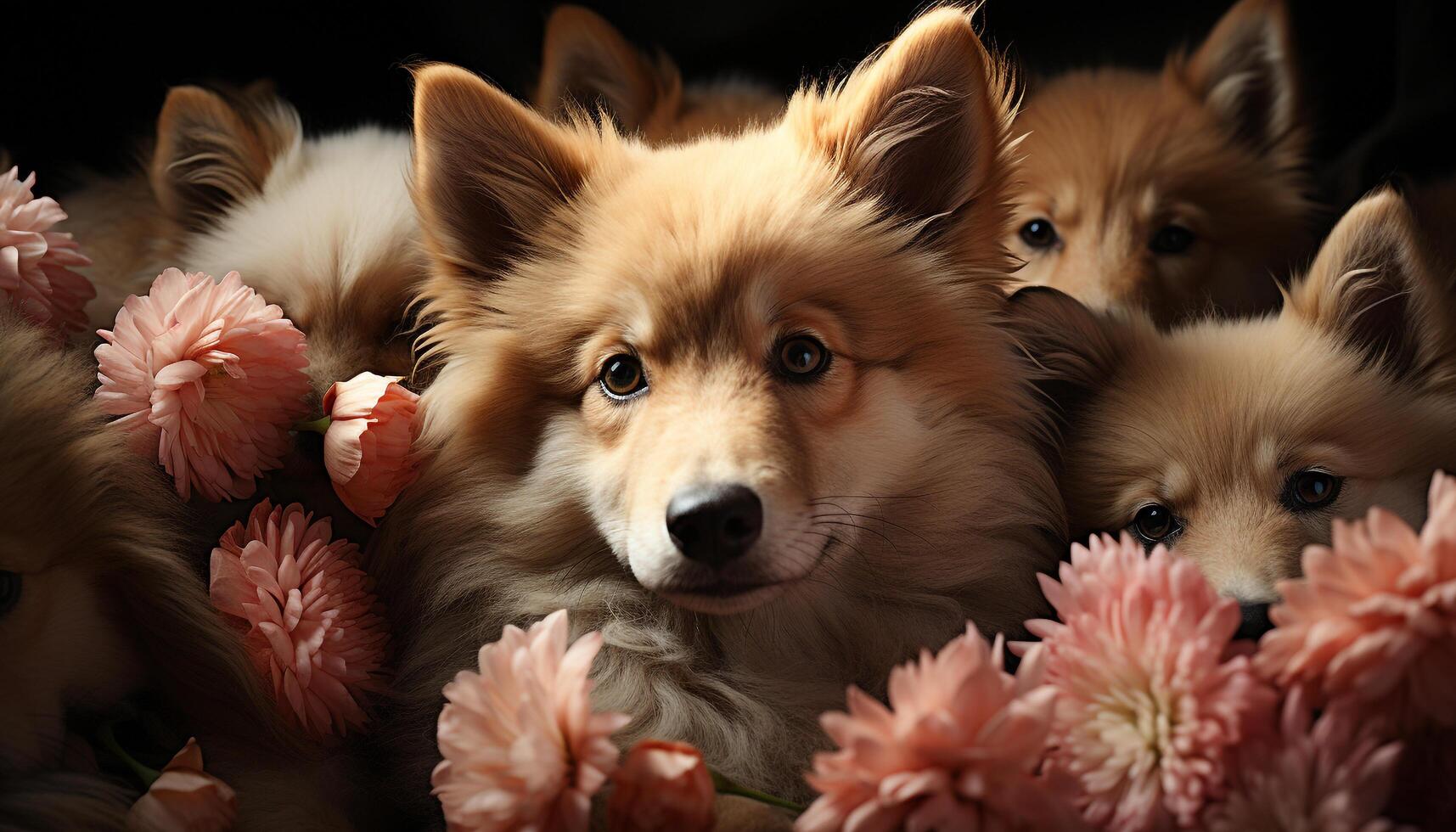 A cute puppy sitting outdoors, looking at the camera generated by AI photo