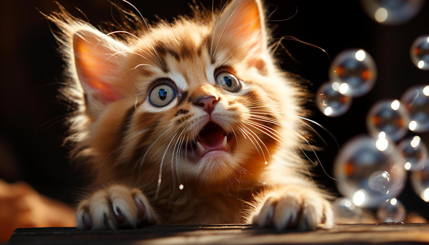 A cute kitten with fluffy fur, staring at the camera generated by AI photo