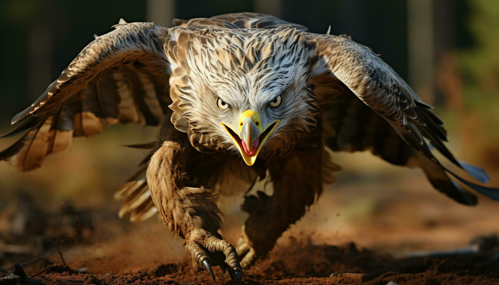 Majestic bird of prey flying freely, its beak focused on prey generated by AI photo