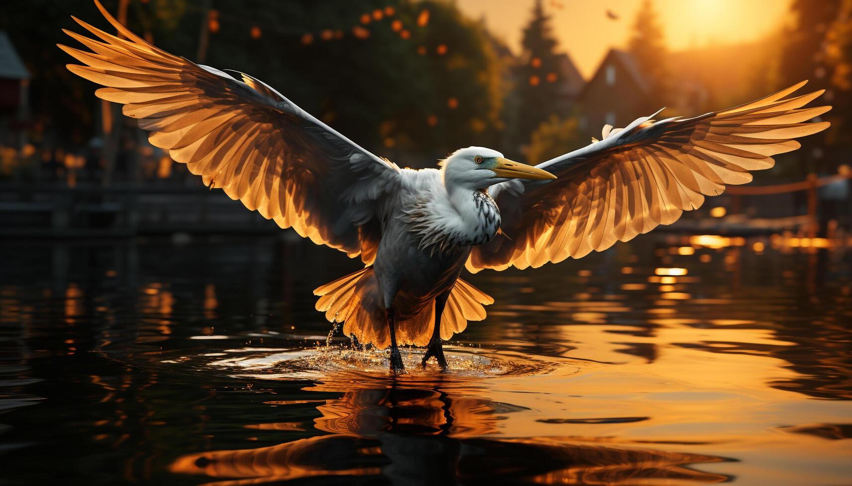 Seagull spreads wings, reflecting beauty in tranquil sunset over pond generated by AI photo