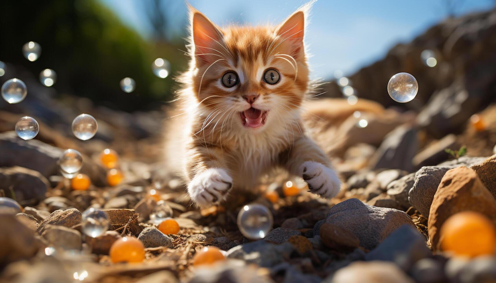 Cute kitten playing with a toy ball in the grass generated by AI photo