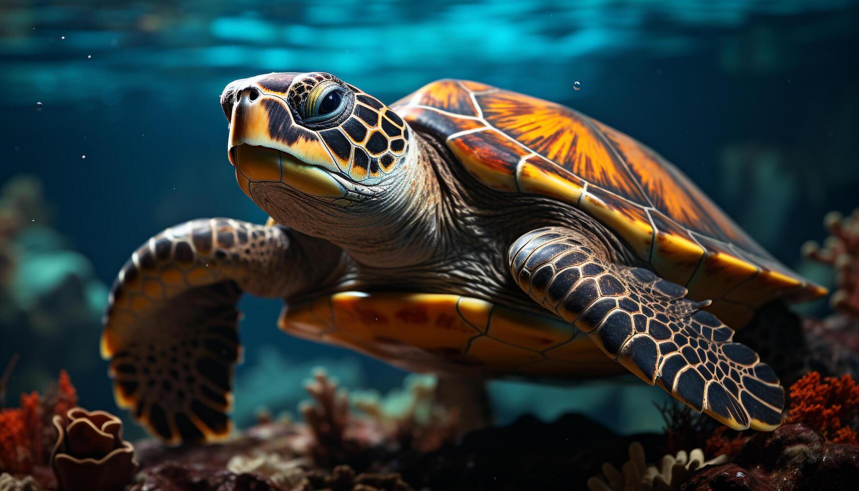 A beautiful underwater portrait of a slow swimming sea turtle generated by AI photo