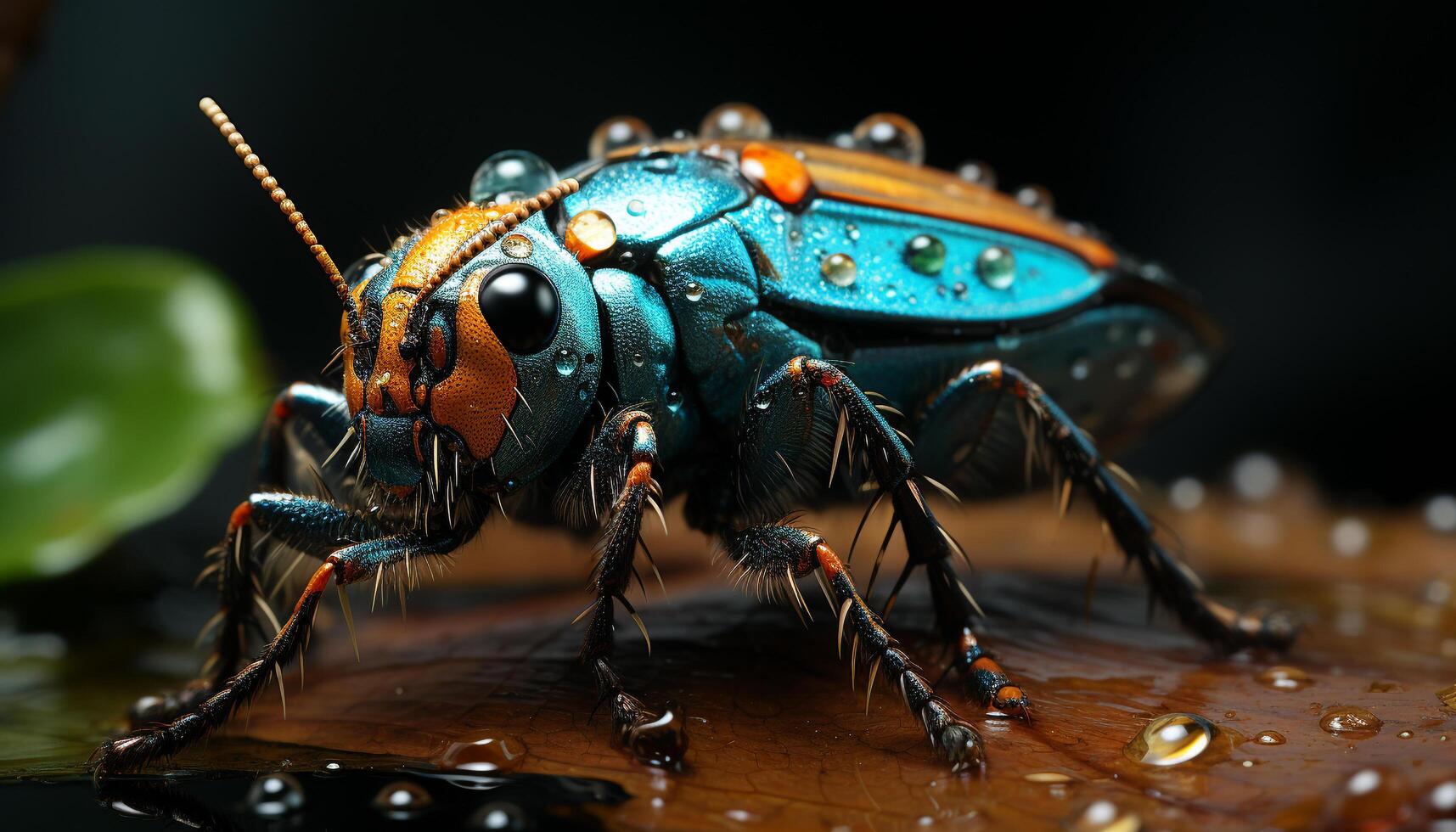 Small green weevil on a leaf, magnification reveals intricate beauty generated by AI photo