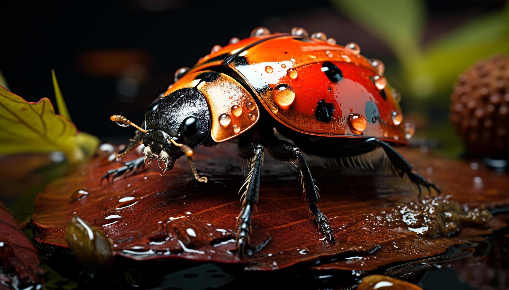 Small spotted ladybug on green leaf, beauty in nature generated by AI photo