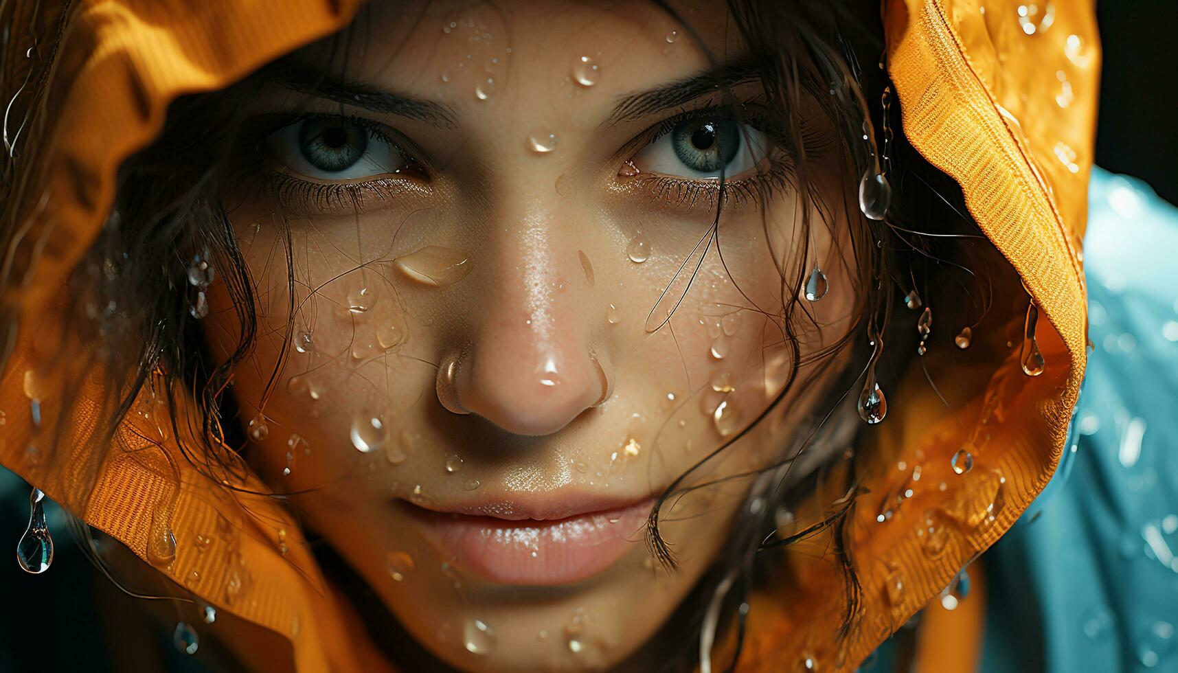 sonriente mujer en lluvia, disfrutando naturaleza belleza y frescura generado por ai foto