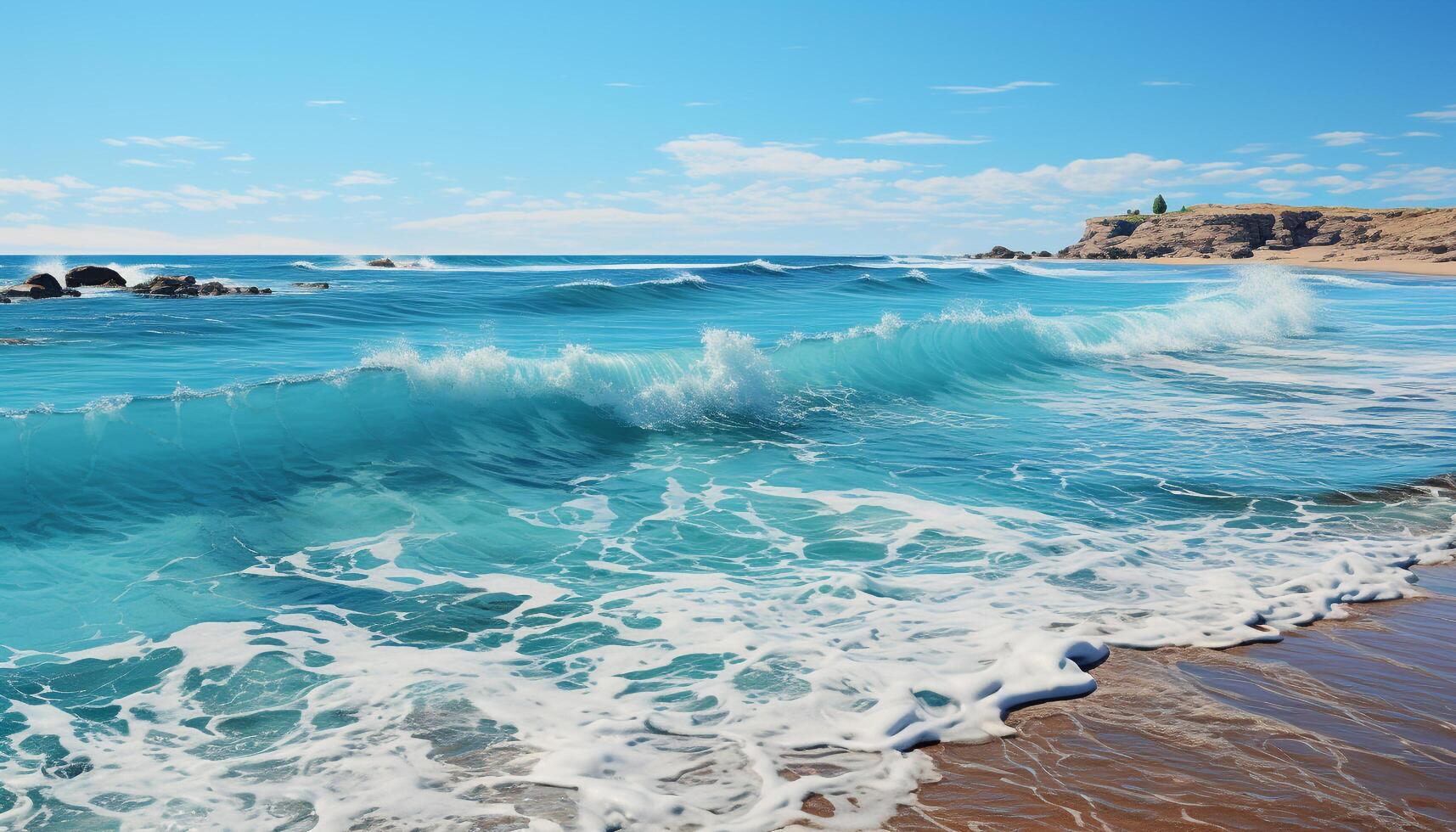 A serene seascape, waves breaking on the sandy coastline generated by AI photo