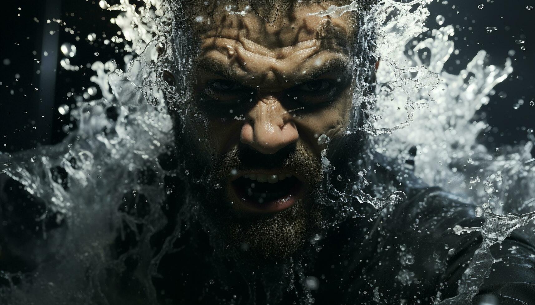 A furious adult man screaming underwater, looking at camera aggressively generated by AI photo