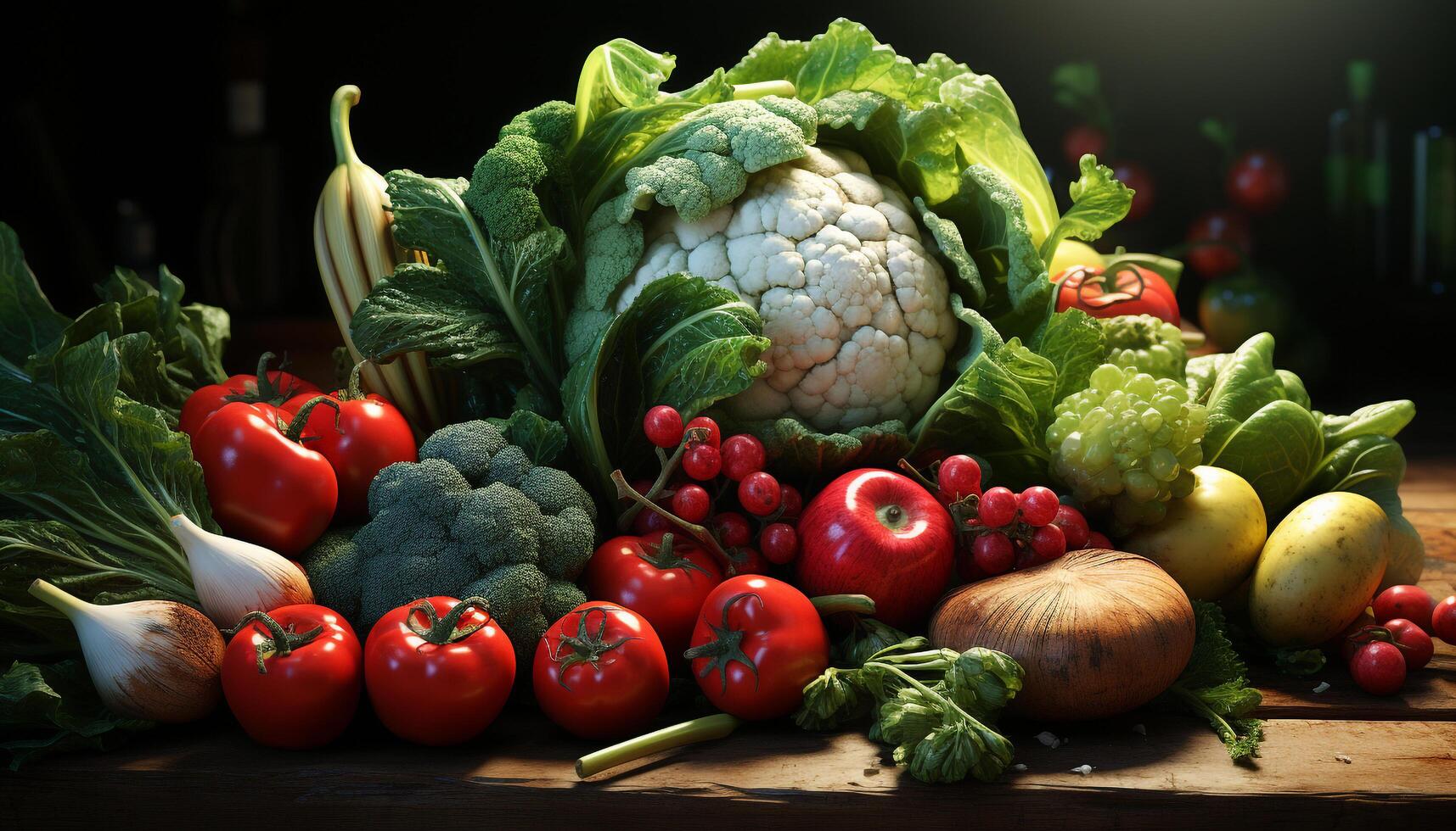 Fresco vegetales en un de madera mesa, un sano y vistoso comida generado por ai foto