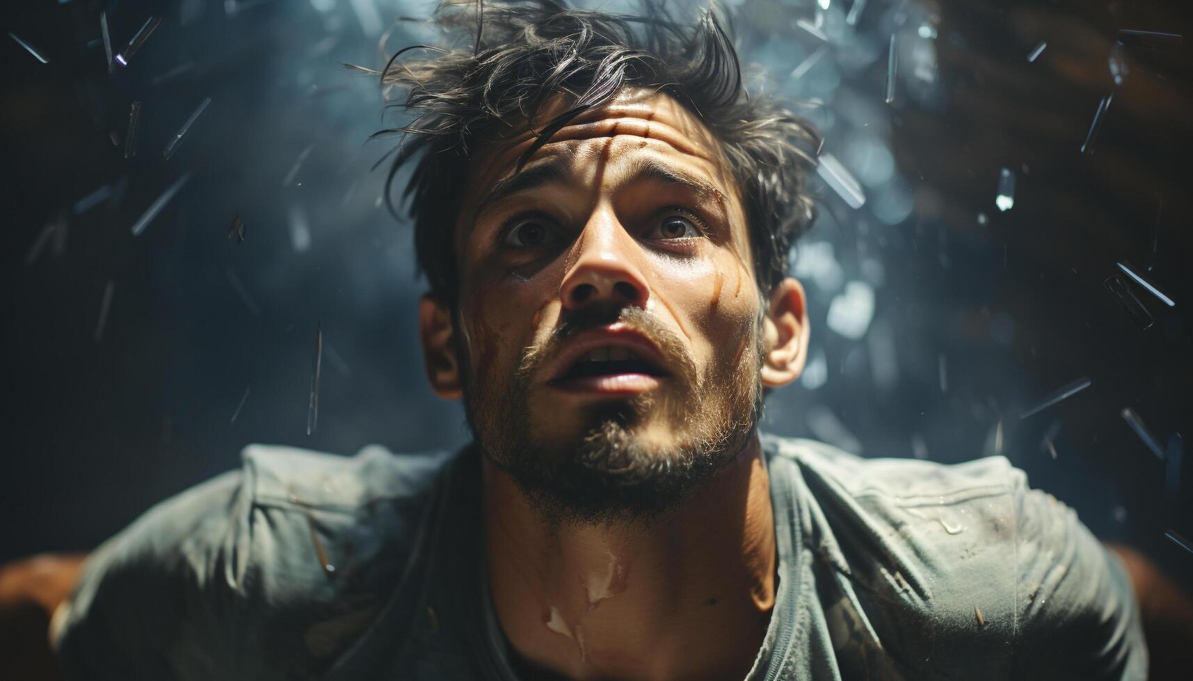 Smiling man, wet beard, outdoors, looking at camera, enjoying rain generated by AI photo