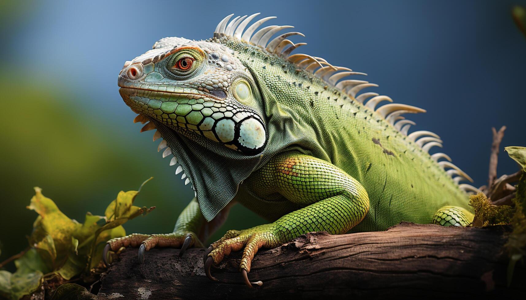 A cute green lizard perching on a branch in the forest generated by AI photo