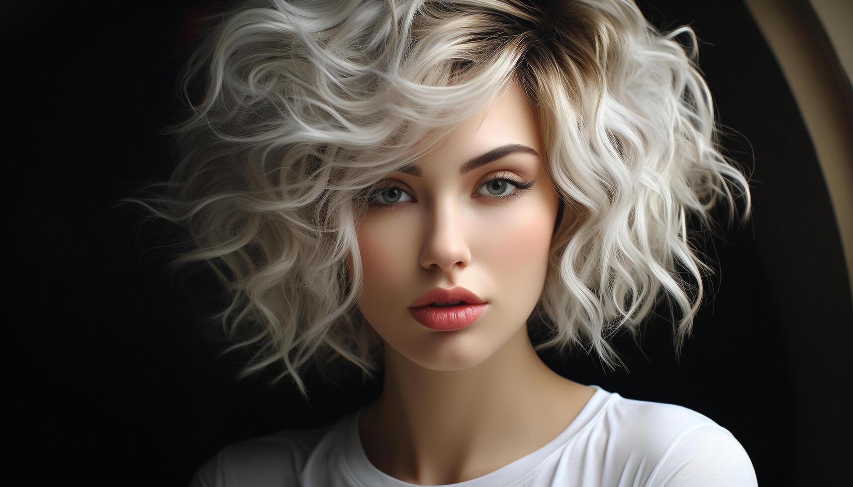 Beautiful blond woman with curly hair, looking sensually at camera generated by AI photo