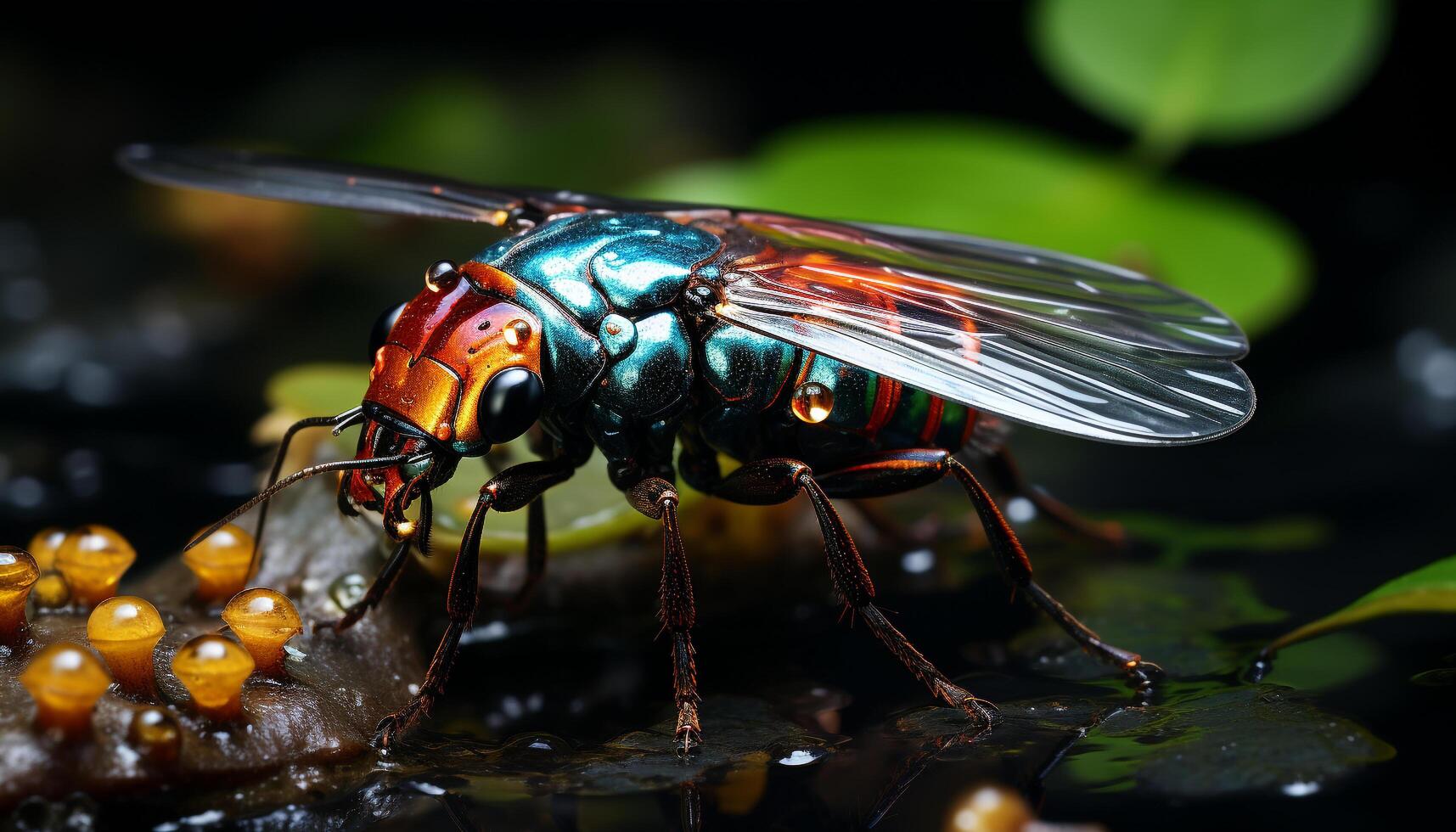 A small yellow bee flies outdoors, pollinating plants in nature generated by AI photo