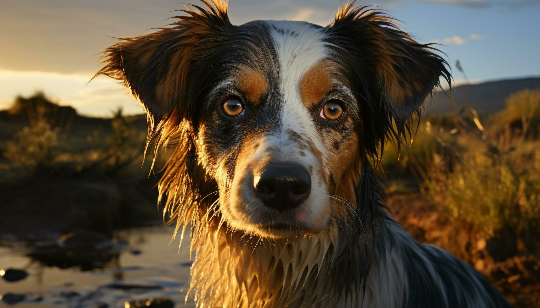 un leal perro se sienta en el césped, mirando a el puesta de sol generado por ai foto