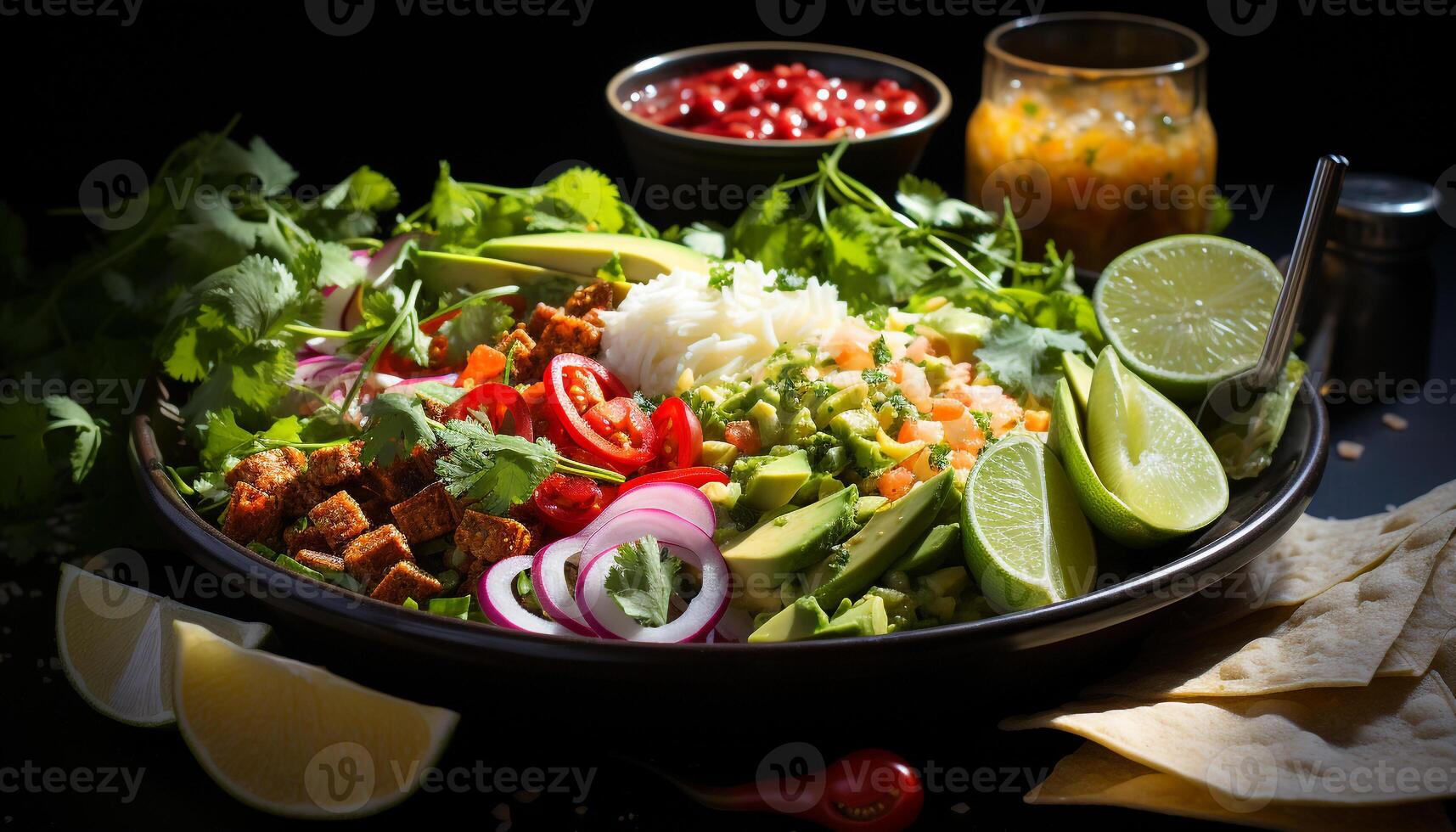 Freshness on a plate healthy salad, gourmet guacamole, grilled seafood generated by AI photo