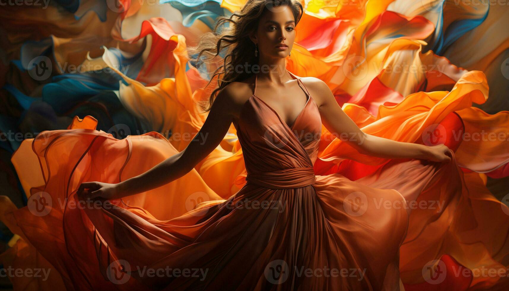 Smiling woman, elegance in motion, dancing with fiery beauty generated by AI photo