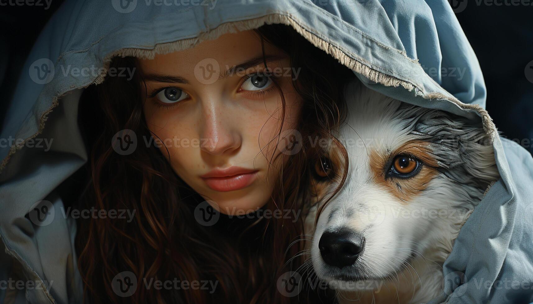 Cute dog portrait, woman looking at camera, purebred puppy generated by AI photo