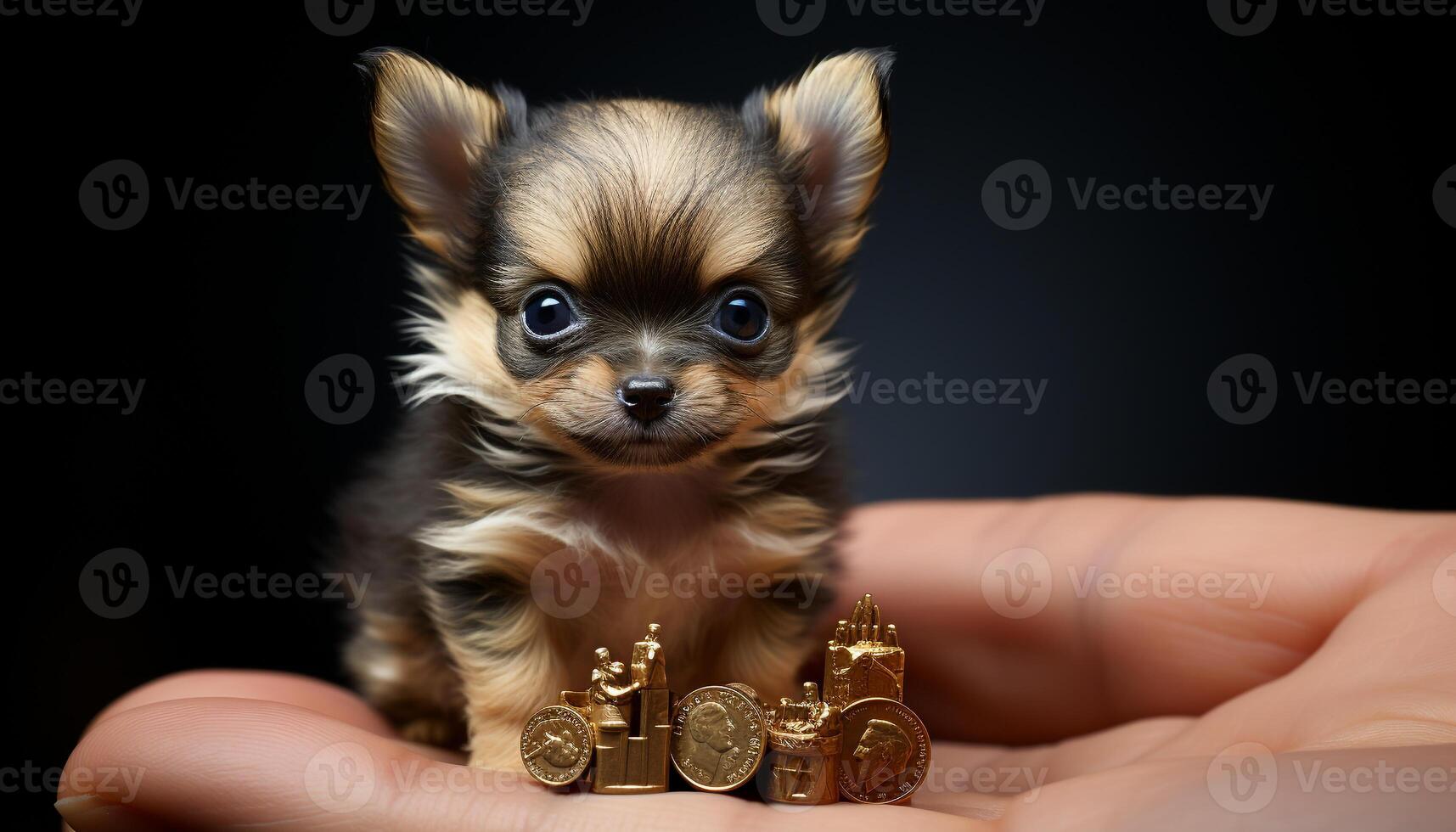A small, cute puppy sitting, looking at camera, fluffy fur generated by AI photo