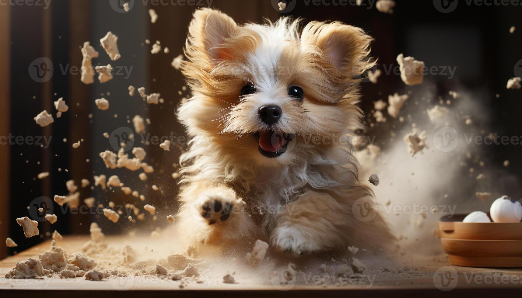 linda pequeño perrito jugando en nieve, mirando a cámara felizmente generado por ai foto