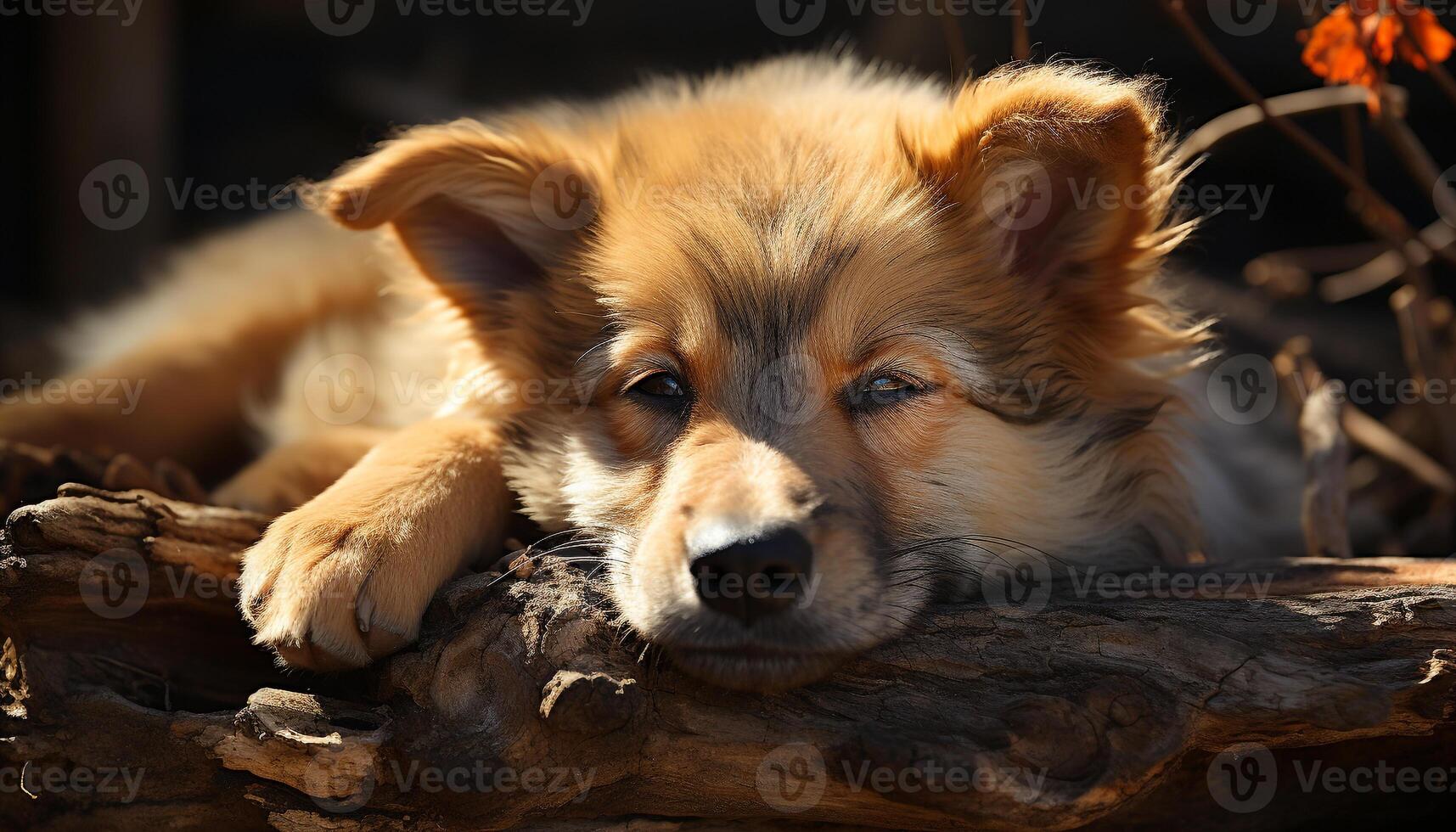 Cute puppy sitting, looking at camera, playful in the grass generated by AI photo