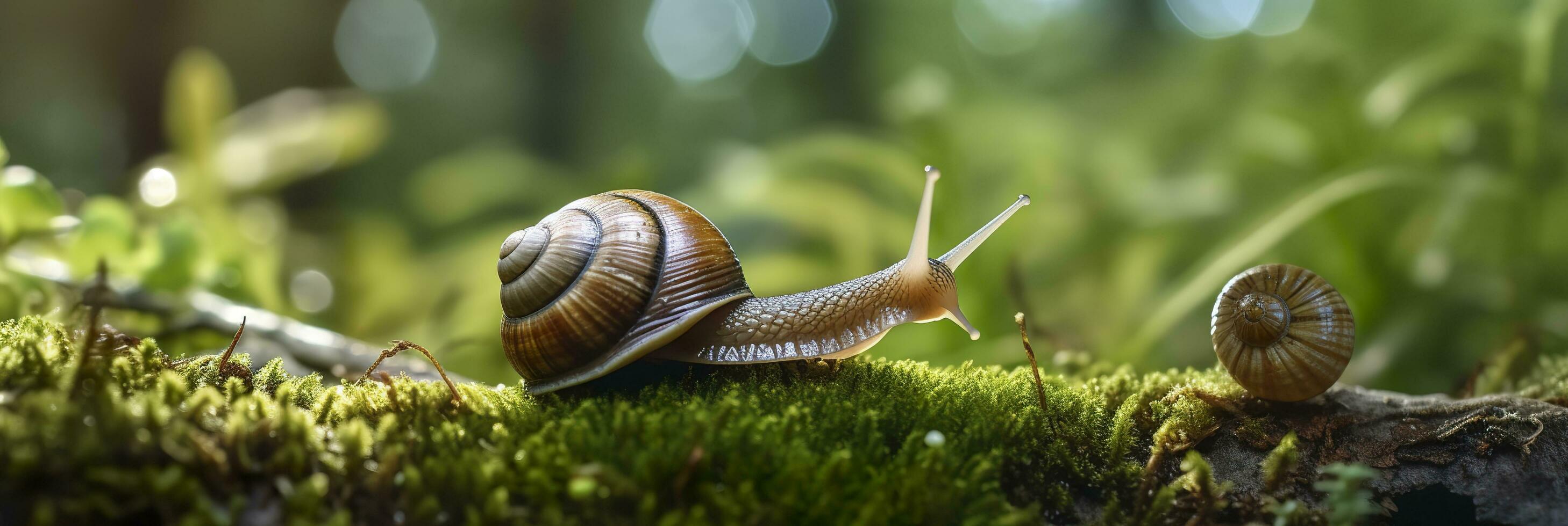 un viaje mediante el bosque. de cerca de un caracol en el bosque con natural antecedentes. ai generativo foto