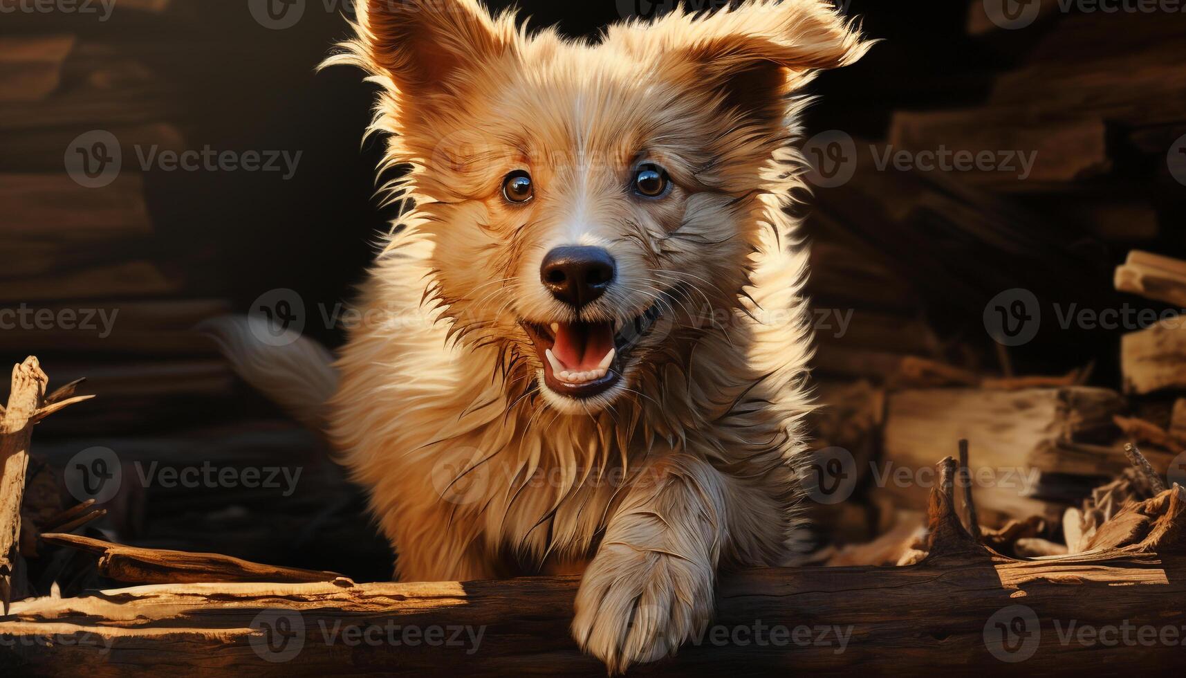 Cute puppy sitting, looking at camera, playful, fluffy, cheerful generated by AI photo