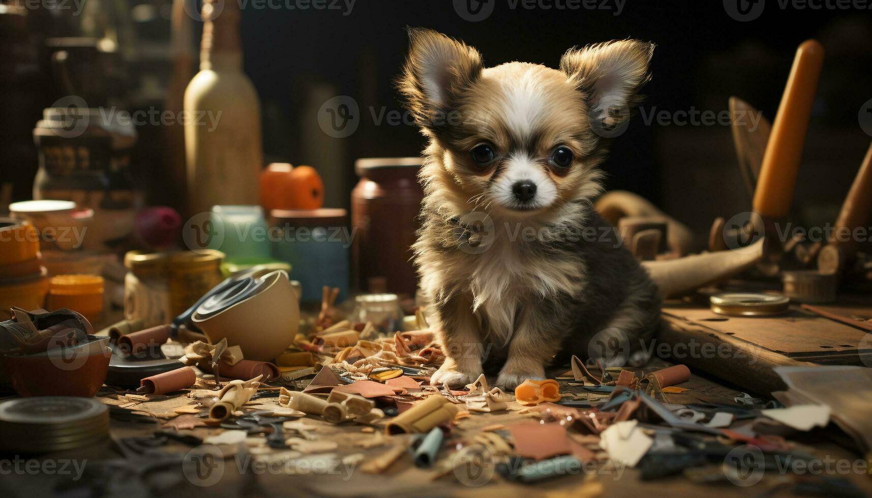 Small, cute puppy sitting on a wooden table, looking at camera generated by AI photo