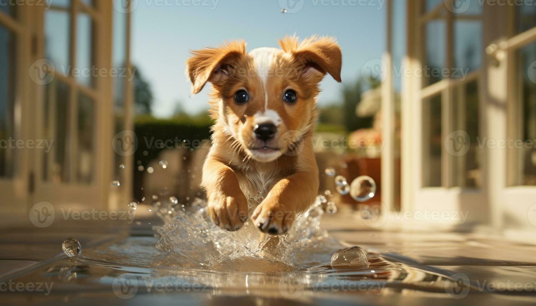 un linda perrito jugando en el agua, disfrutando el verano generado por ai foto