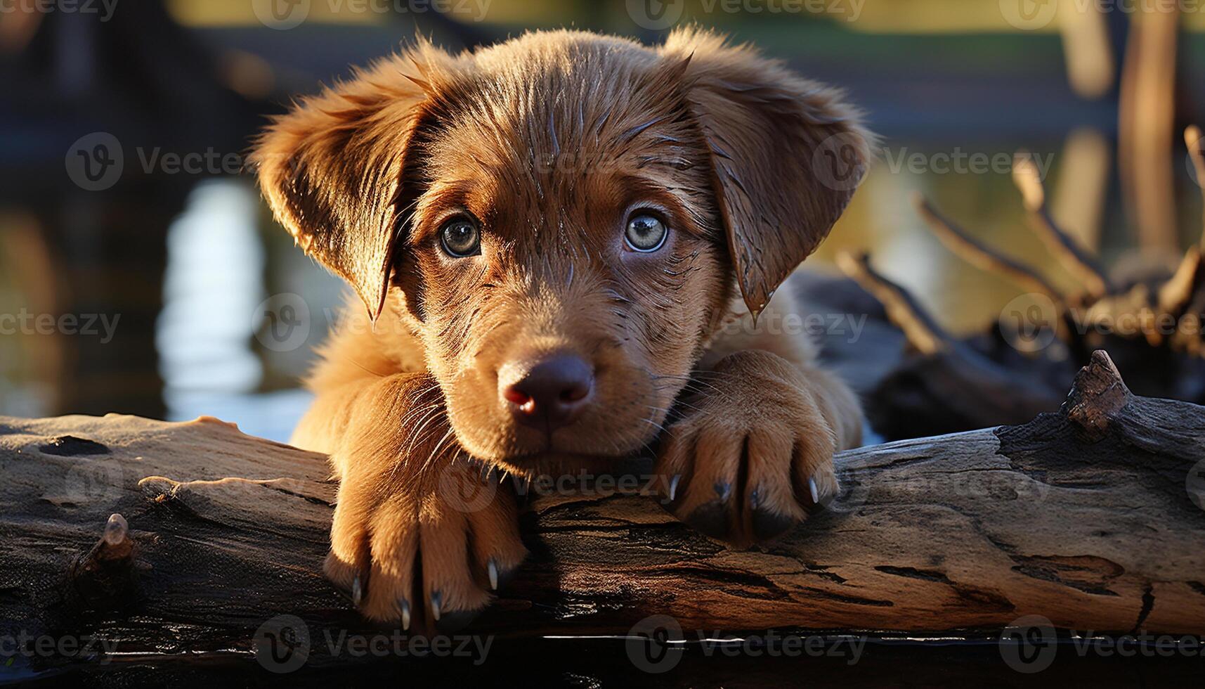 A cute puppy sitting in nature, looking at the camera generated by AI photo