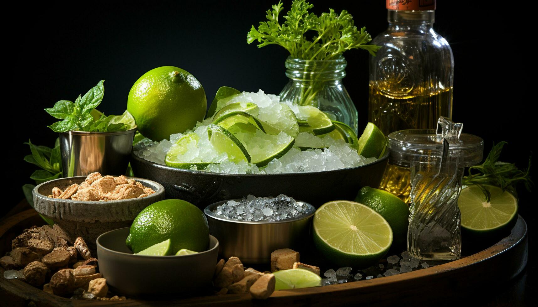 Freshness in a bowl  citrus fruit, leaf, avocado, seafood, tomato generated by AI photo