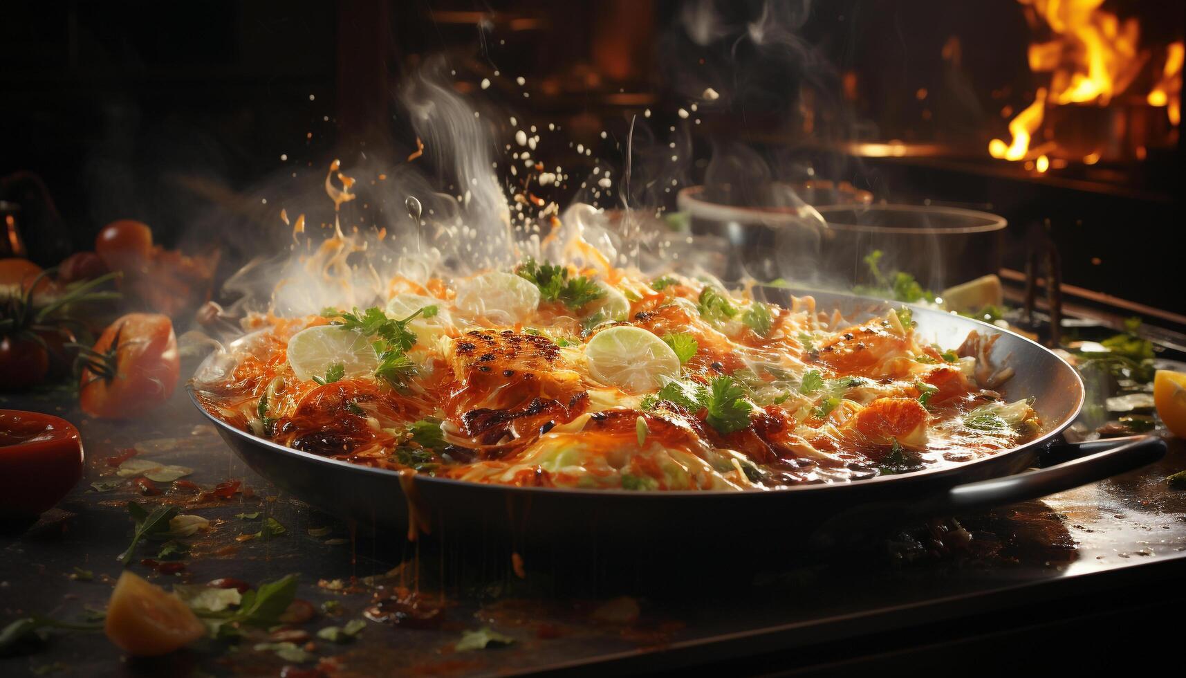 Grilled meat, fresh vegetables, gourmet meal, ready to eat generated by AI photo