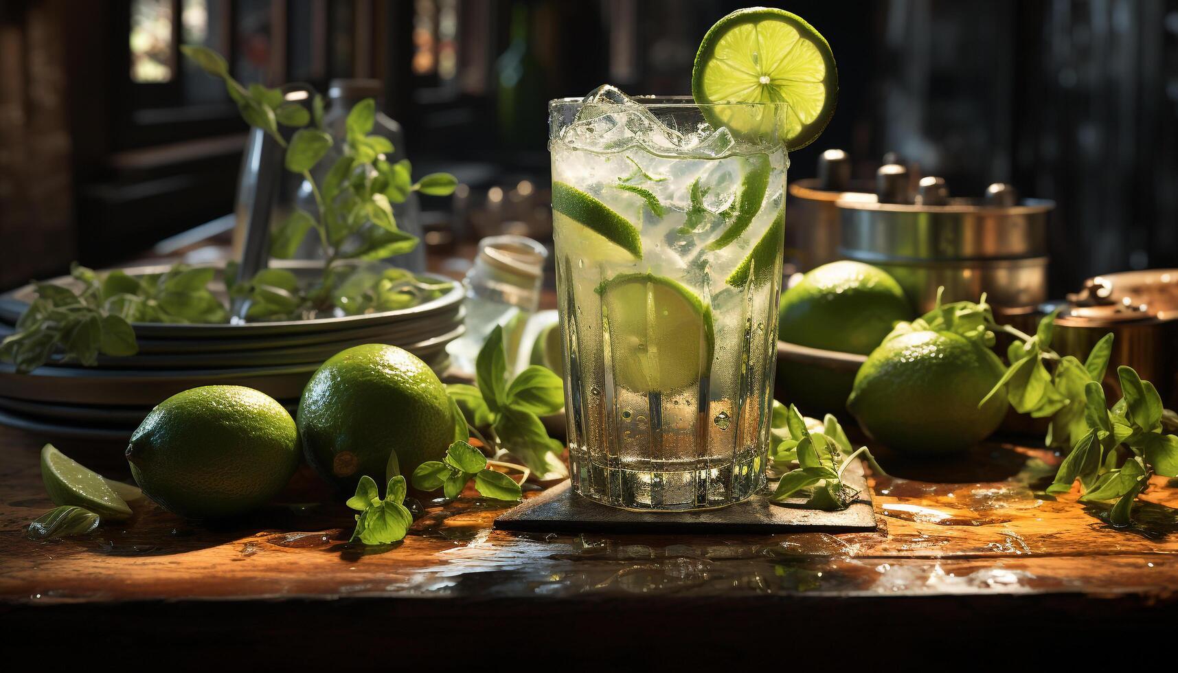 A refreshing mojito cocktail on a rustic wooden table generated by AI photo