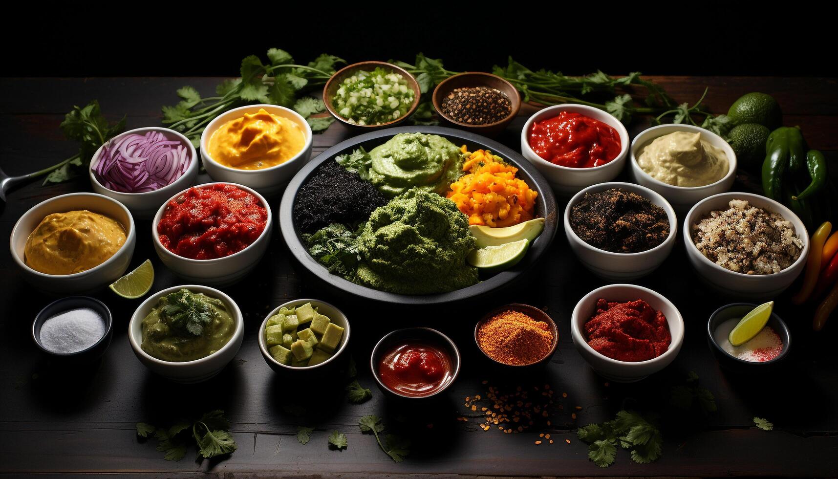 Freshness and variety on a wooden table, healthy vegetarian salad generated by AI photo