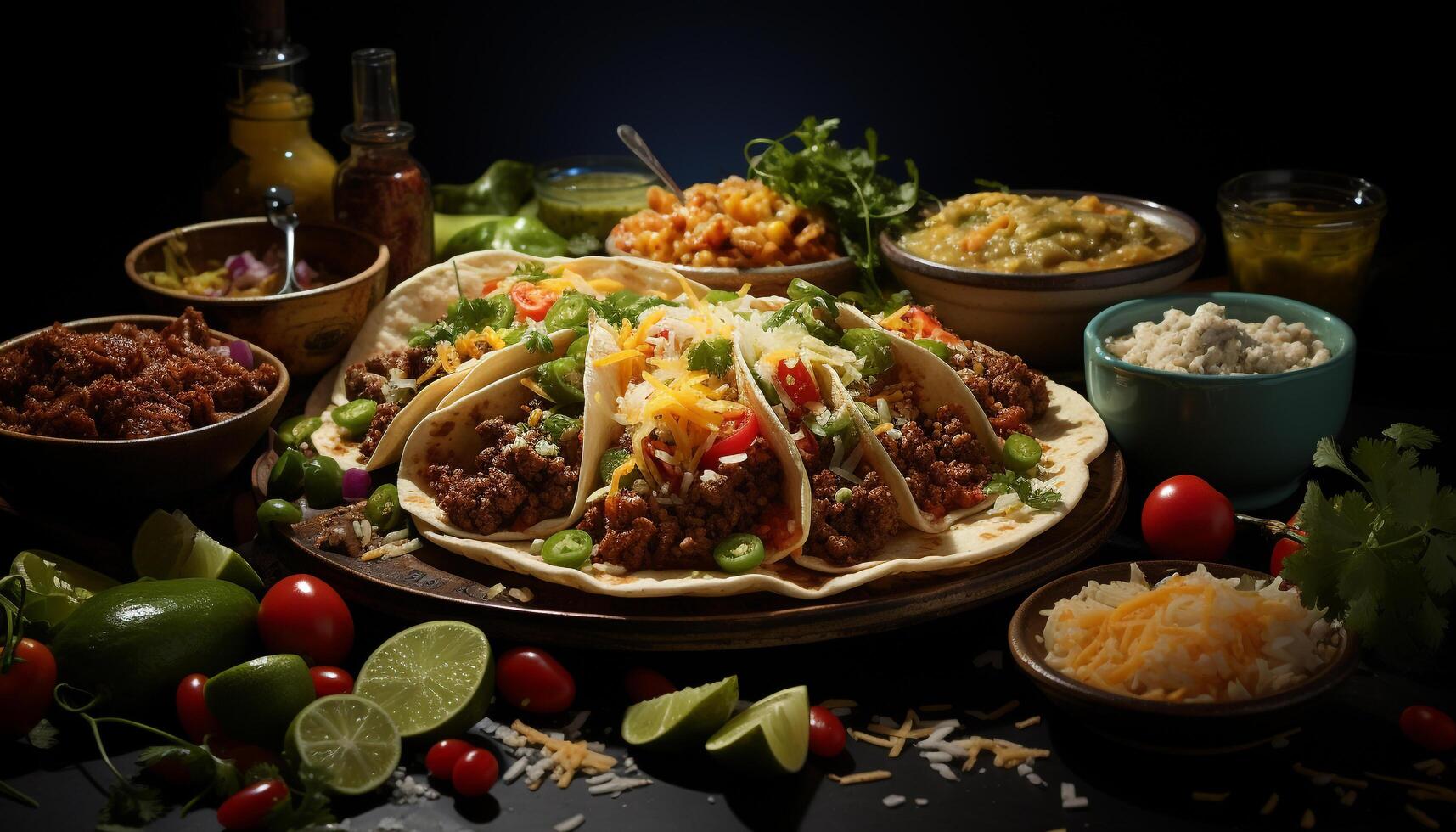 A fresh, gourmet taco bowl with meat, guacamole, and vegetables generated by AI photo