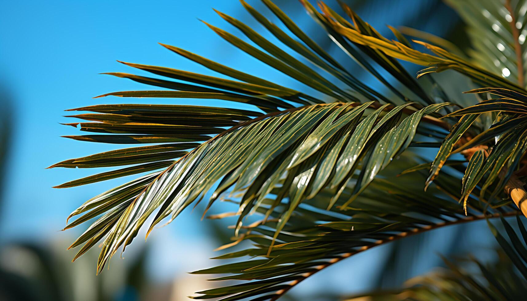 Palm tree leaf, summer vacations, green plant, tropical beauty generated by AI photo