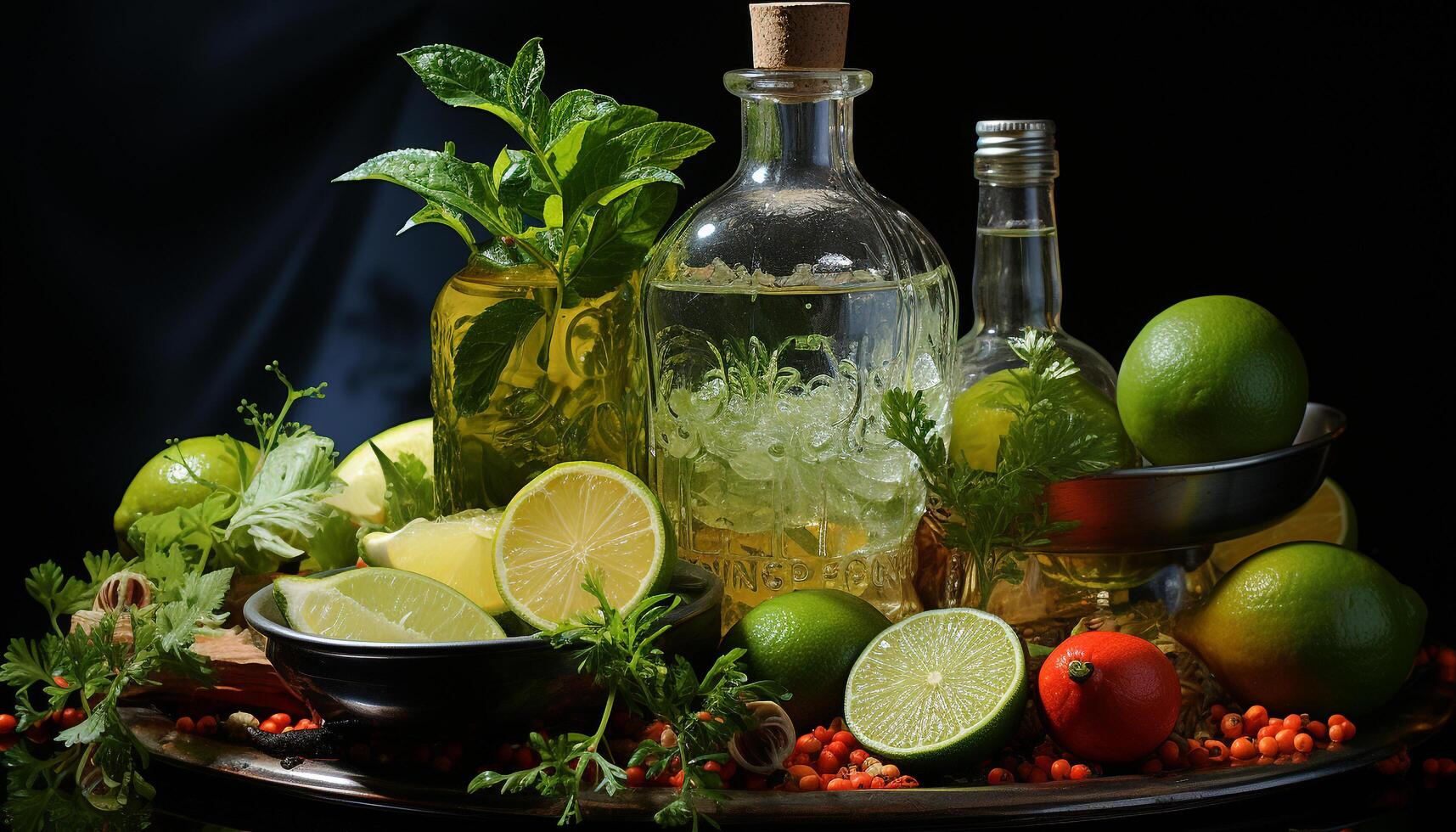 Freshness in a glass  lime, lemon, mint leaf, citrus cocktail generated by AI photo