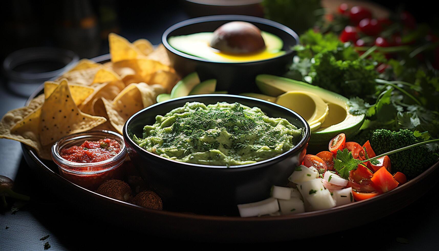 un Fresco gastrónomo comida, guacamole inmersión en un de madera plato generado por ai foto