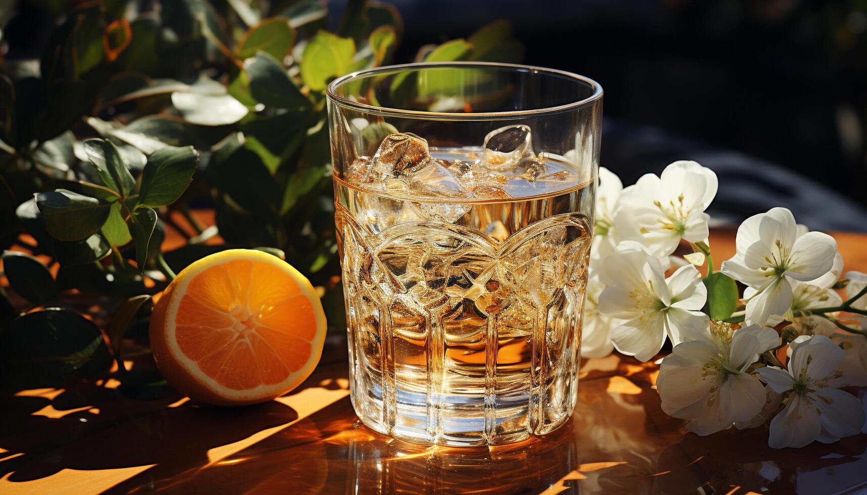 Refreshing cocktail on a wooden table, nature elegance in glass generated by AI photo