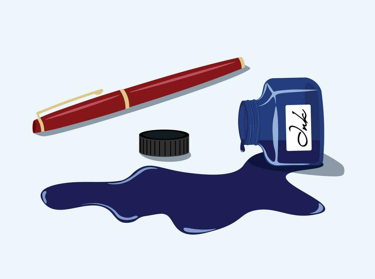 Spilled blue inkwell and a fountain pen flat vector. Spilled inkwell, ink bottle, inkpot or ink pot colored illustration. Back to school concept. Stationery vector