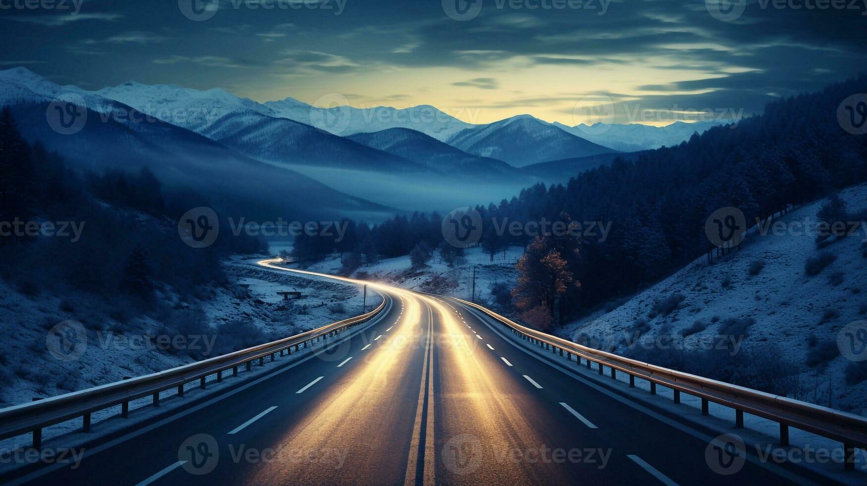 a image of Winter road in the mountains at night with snow and blue sky. Generative AI photo
